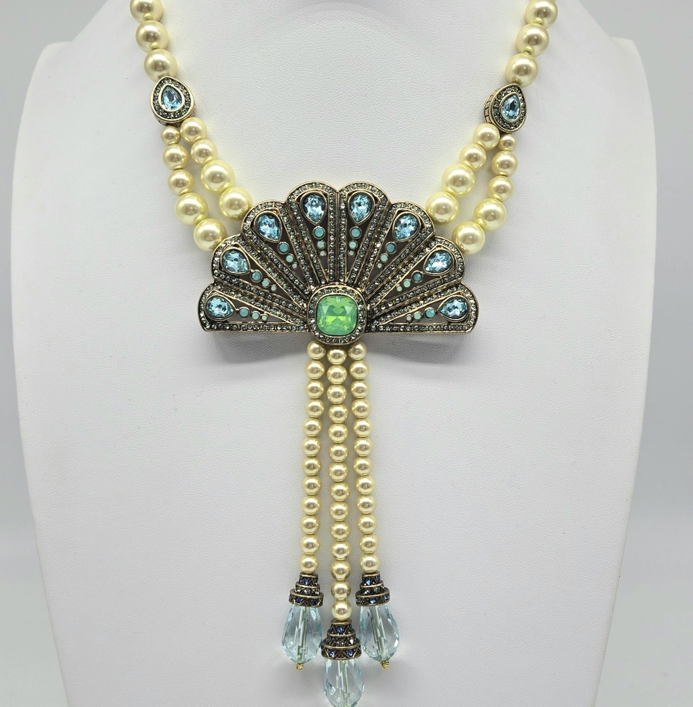 Heidi Daus Pistachio Glass Pearl Art Deco Fan Necklace with Swarovski Crystals
